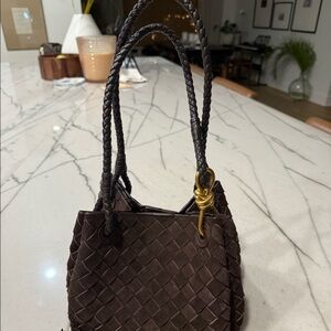 Genuine suede chocolate brown bottega woven leather gold handbag purse